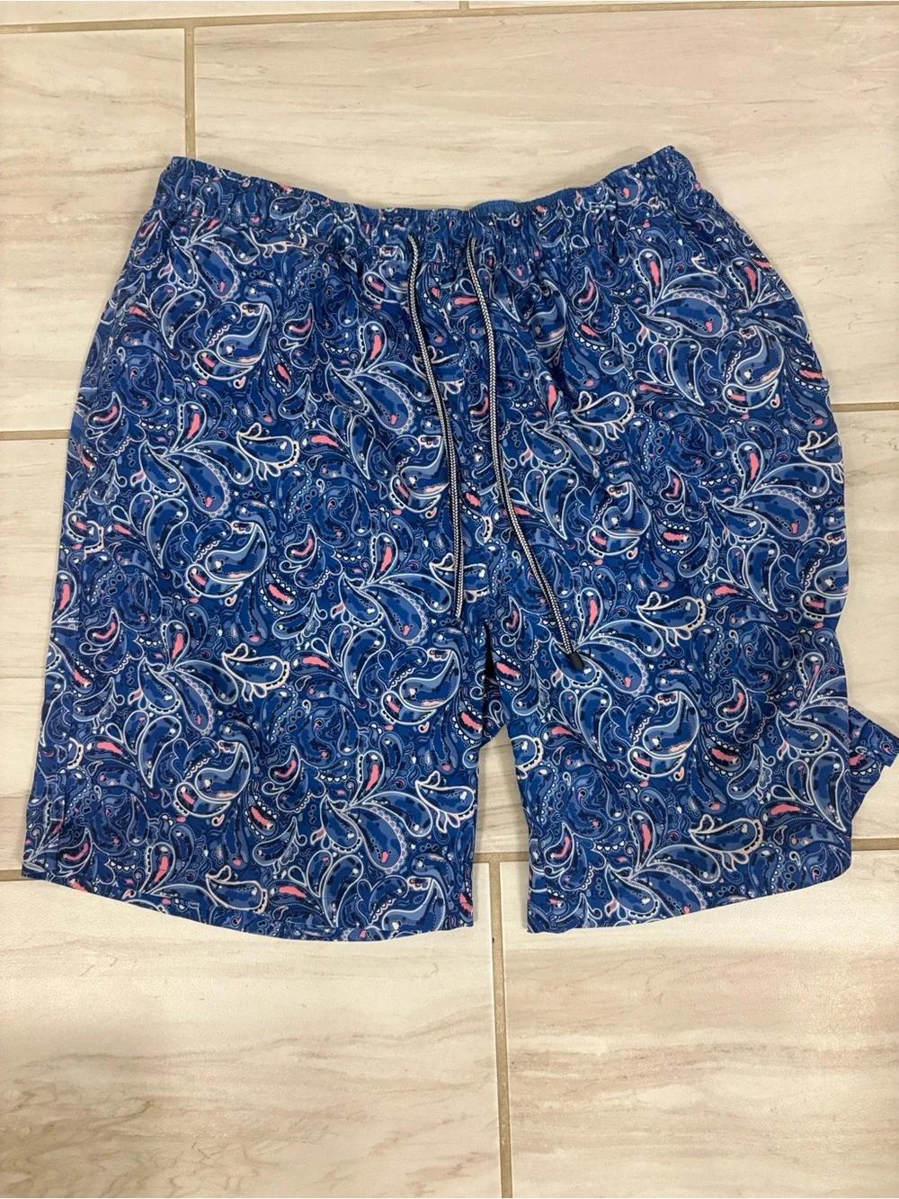 Peter Millar Navy Paisley Swim Trunks with Pink Accents